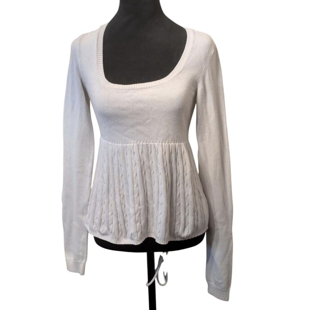 Hollister Coquette White Cable Knit Babydoll Scoop Neck Sweater, Size Small